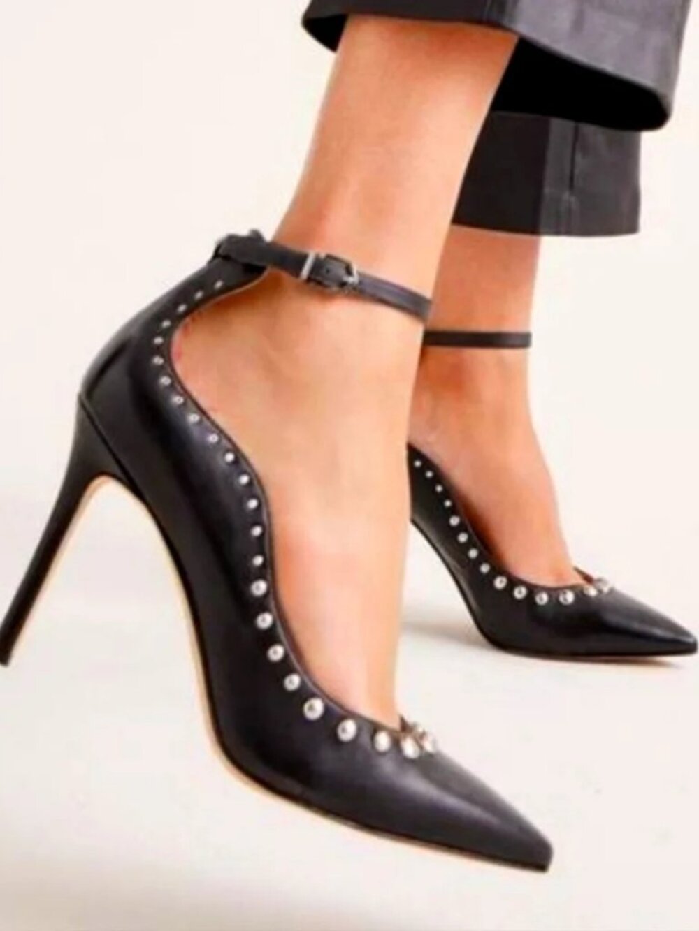 Sam Edelman Black Pointed-Toe Ankle-Strap Heels with Siver Studs